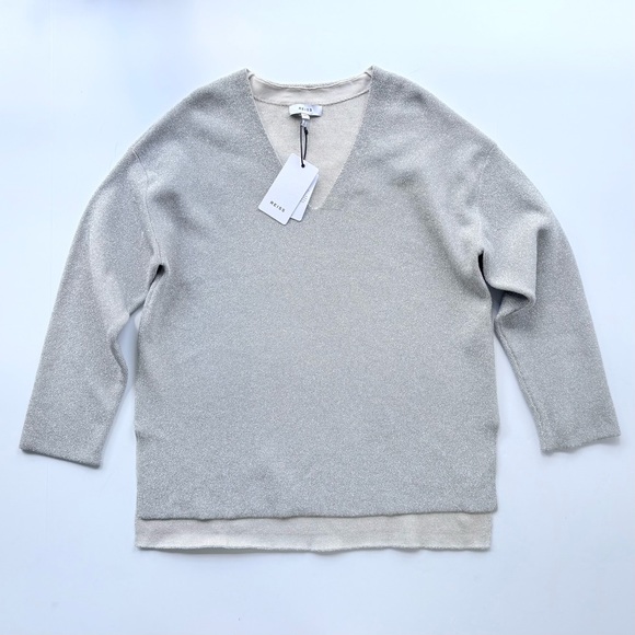 NWT Reiss Julietta Neoprene-Effect Jumper Nude Metallic Silver V-Neck Sweater XS - Picture 1 of 16